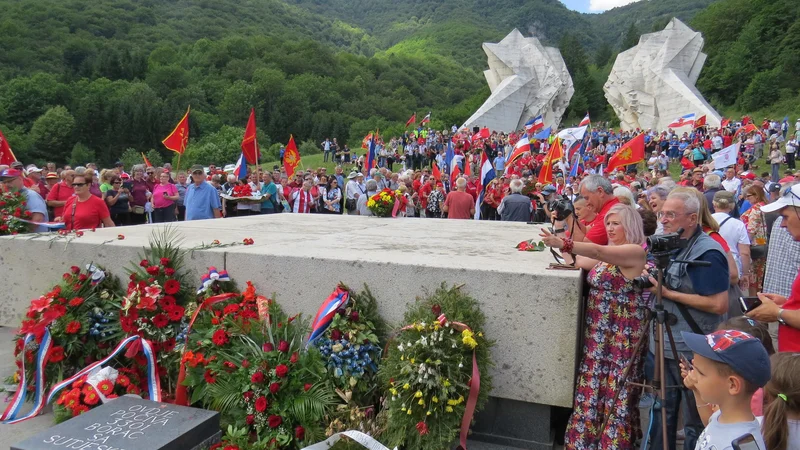 Fotografija: Pred veličastnim spomenikom na Tjentištuse se je zbrala velika množica antifašistov. FOTO: Bojan Rajšek/Delo