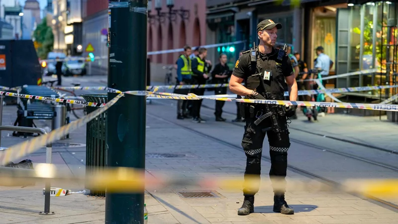 Fotografija: Policist nadzoruje ulice v središču Osla, kjer je prišlo do strelskega napada. FOTO: Javad Parsa/AFP