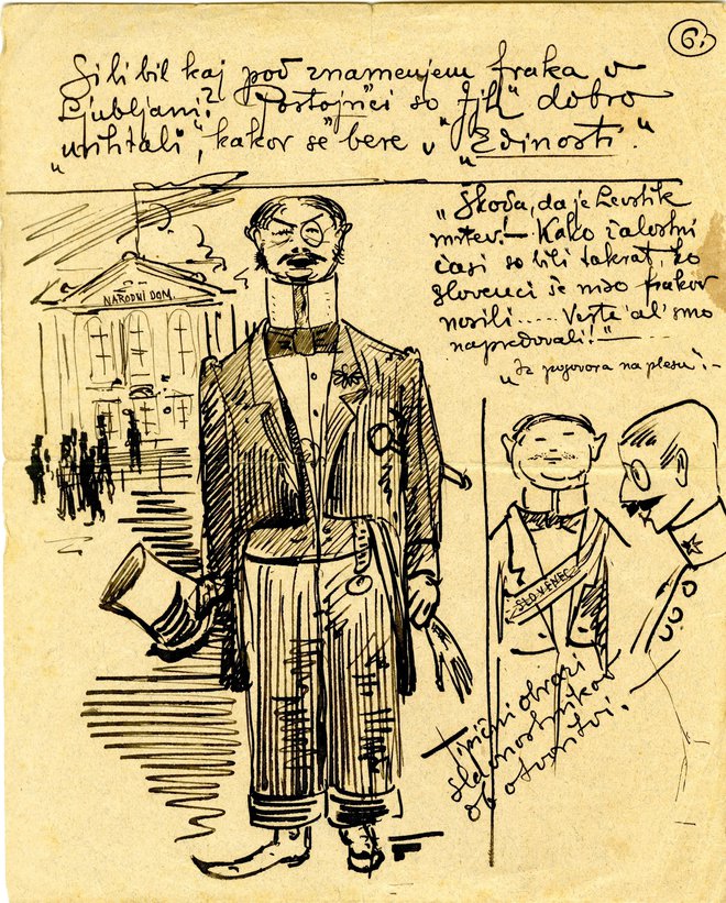 Karikatura, Ivan Jager v pismu Valenčiču ob slavnostnem odprtju stavbe Narodnega doma češkega arhitekta Františka E. Škabrouta, 1896, hrani MAO

