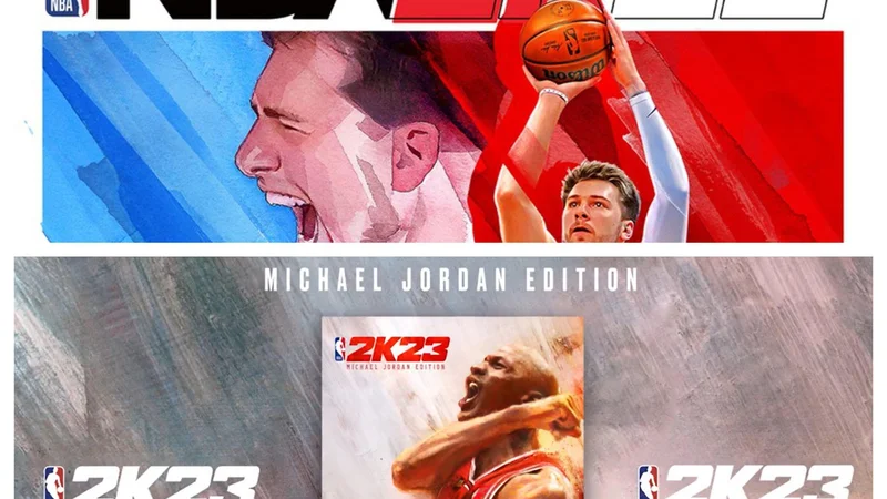 Del naslovnice NBA 2K22 z Luko Dončićem (levo) in prihajajoča naslovnica NBA 2K23 z velikim Michaelom Jordanom. FOTO: Twitter/Delo.si