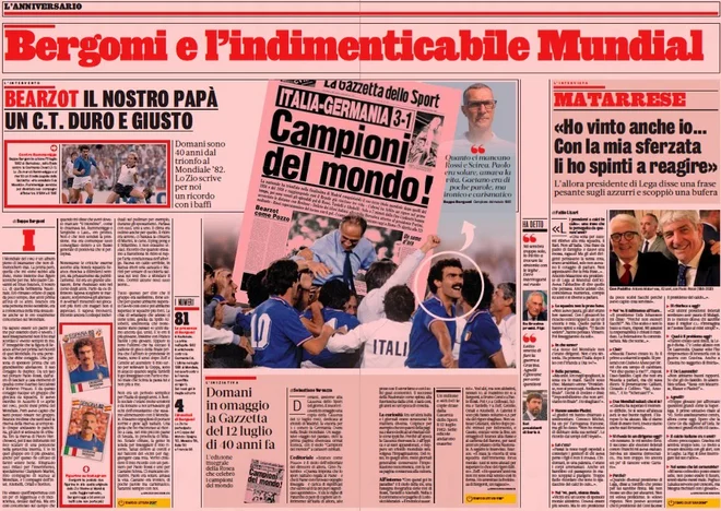 Če sedanjost ni najbolj rožnata, je bila preteklost sanjska: 11. julija je Italija osvojila naslov svetovnega (1982) in evropskega prvaka (2021). FOTO: Gazzetta Dello Sport
