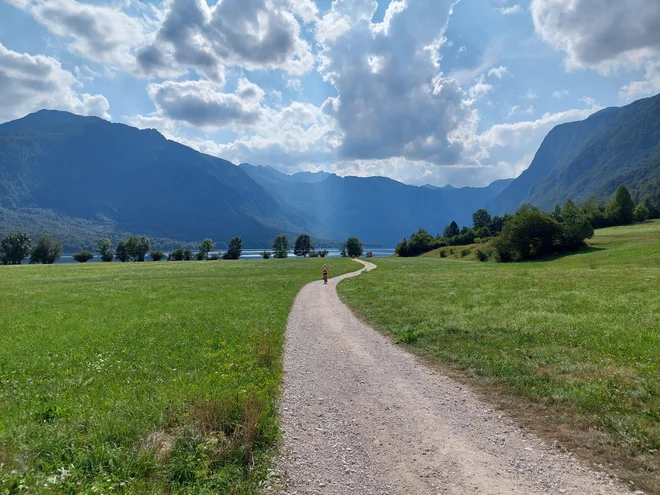 Nagrada po skoraj končani poti: ne peš, pač pa s kolesom do osvežitve v Bohinjskem jezeru. FOTO: Dragica Jaksetič
