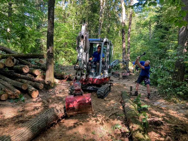 Robna debla nove poti stabilizirajo z lesenimi količi. FOTO: Jaroslav Jankovič/Delo
