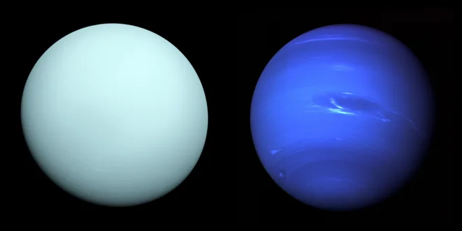 Modra planeta: Uran je bledo moder, Neptun temno moder. Na njegovi obli je tudi lepo razvidna Velika temna pega, ki je velika kot Zemlja. Oba planeta je posnel Voyager 2, edina človeška sonda, ki je kdaj obletela planeta. FOTO: NASA/JPL-Caltech
