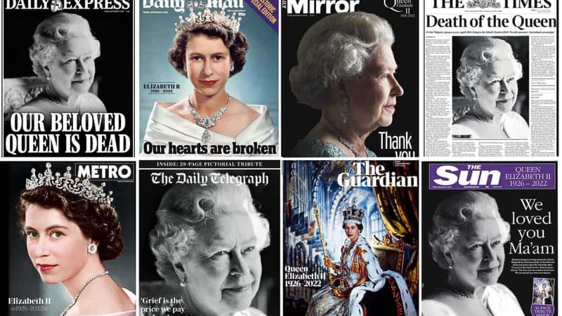 Fotografija: Naslovnice britanskih časopisov dan po smrti kraljice Elizabete II. FOTO: The Guardian, sestavljeno iz: Daily Express/Daily Mail /Mirror /The Time /Metro/The Daily Telegraph/The Sun

