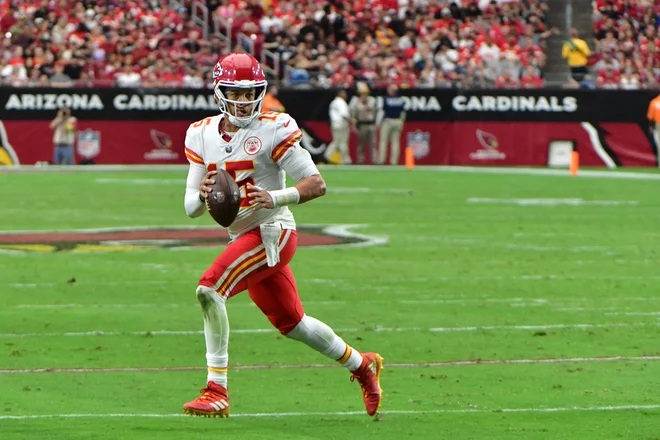 Patrick Mahomes je podal za pet touchdownov. FOTO: Matt Kartozian/USA Today Sports
