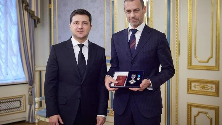 Fotografija: Volodimir Zelenski in Aleksander Čeferin sta se srečala že večkrat. FOTO: Nogometna zveza Ukrajine