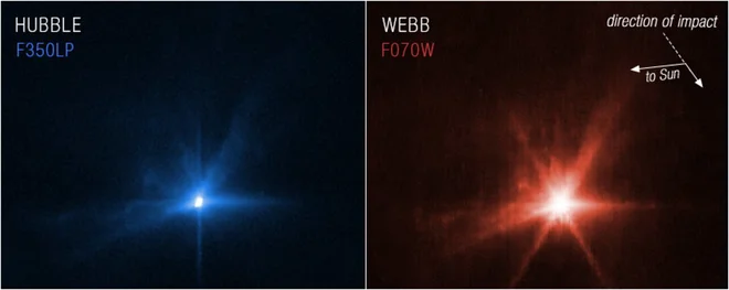 Prvič sta Webb in Hubble sočasno opazovala isto nebesno telo. To je bil Dimorfos, v katerega se je v torek zaletela sonda Dart, s čimer so preskusili, ali lahko na tak način premaknejo asteroid.&nbsp;

Opazovalne podatke Hubbla in Webba bodo znanstveniki uporabili predvsem za razumevanje sestave asteroida.&nbsp; FOTO: Nasa, Esa, CSA,&nbsp;STSCI
