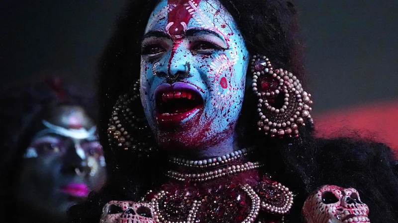 Fotografija: Indijska vernica nastopa v podobi hindujske boginje Kali med praznovanjem festivala Durga Puja v Ajmerju. Foto: Himanshu Sharma/Afp