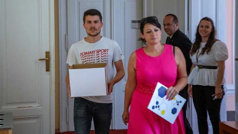 Fotografija: Tako so v SDS prinesli podpise za začetek zbiranja podpisov za referendum o zakonu o vladi. FOTO: Voranc Vogel/Delo