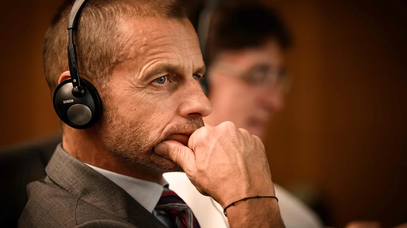 Fotografija: Predsednik Uefe Aleksander Čeferin na predstavitvi skupne kandidature Španije, Portugalske in Ukrajine za SP 2030. FOTO: Gabriel Monnet/AFP