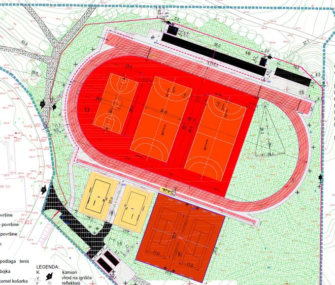 Razporeditev igrišč v bodočem športnem parku. Načrt Občina Ivančna Gorica

