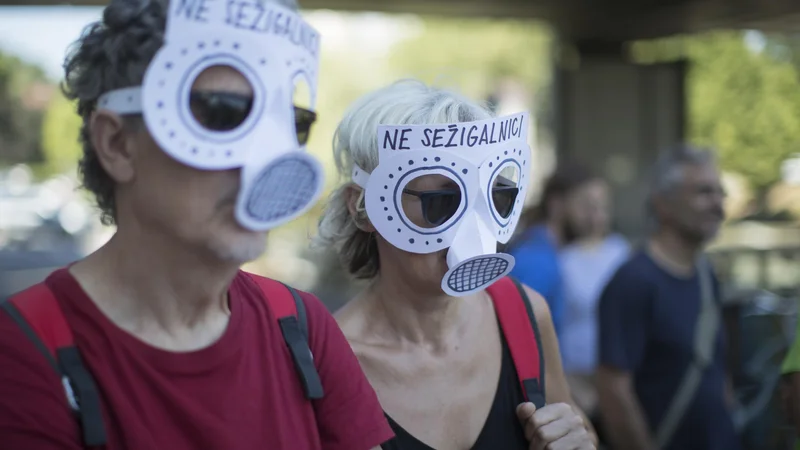 Fotografija: Predstavniki civilnih inciativ in naravovarstvenikov 6. julija letos pred Cukrarno, kjer je bil posvet o sežigalnici odpadkov. FOTO JURE ERŽEN/DELO
