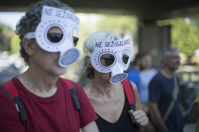 Predstavniki civilnih inciativ in naravovarstvenikov 6. julija letos pred Cukrarno, kjer je bil posvet o sežigalnici odpadkov. FOTO JURE ERŽEN/DELO
