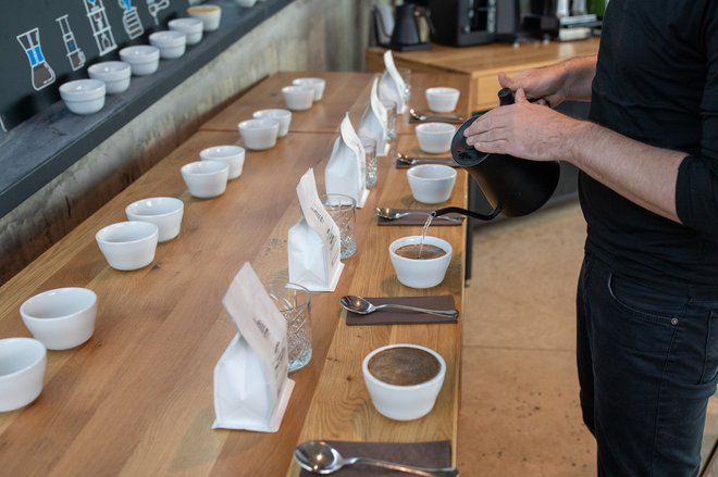 Okušanje kav, t. i. cupping, je naporno in zahteva veliko časa, a je ključno pri izboru kave. FOTO: Voranc Vogel
