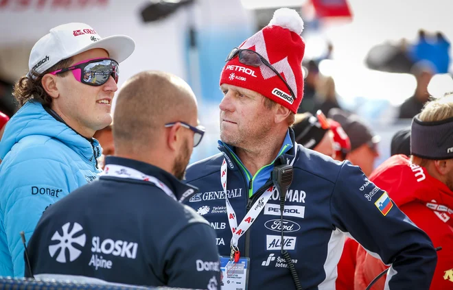 Štefan Hadalin in Klemen Bergant na prvem veleslalomu sezone. FOTO: Matej Družnik