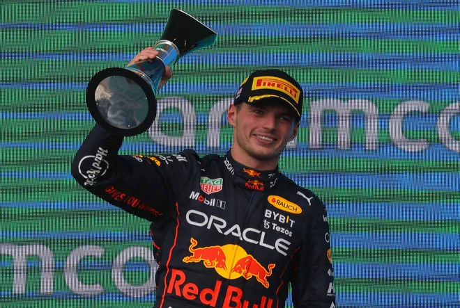 Max Verstappen se je zmage veselil tudi na veliki nagradi ZDA. FOTO: Brian Snyder/Reuters
