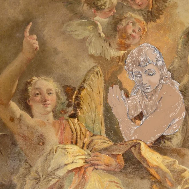Virtualna rekonstrukcija dela slike Sv. Ana uči Marijo brati, dela Francesca Fontebassa iz leta 1737. Slika je predmet restavratorskega posega, ki pred restavratorja&nbsp;Miho Pirnata in poznavalce postavlja zahtevne izzive. FOTO:&nbsp;Narodna galerija
