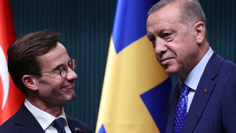 Fotografija: Turški predsednik Recep Tayyip Erdoğan je med srečanjem s švedskim premierom Ulfom Kristerssonom izrazil »iskreno željo«, da bi bila Švedska del severnoatlantskega zavezništva. Foto: Adem Altan/AFP