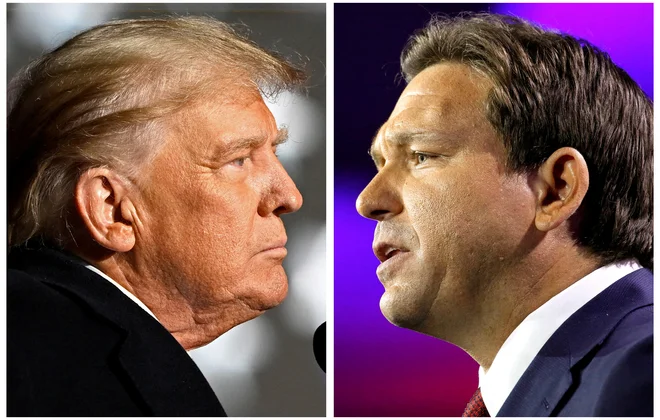 Vse več visokih republikancev ima dovolj napadov in žaljivk Donalda Trumpa (levo) in kot alternativo vidijo floridskega guvernerja Rona DeSantisa. FOTO: Gaelen Morse/Reuters
