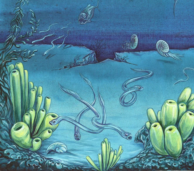 Konodontne živali v izseku rekonstrukcije morskega okolja v poznem triasu iz knjige Konodonti Slovenije, ki jo je 2019 izdal Geološki zavod Slovenije. Ilustracija: Barbara Jurkovšek
