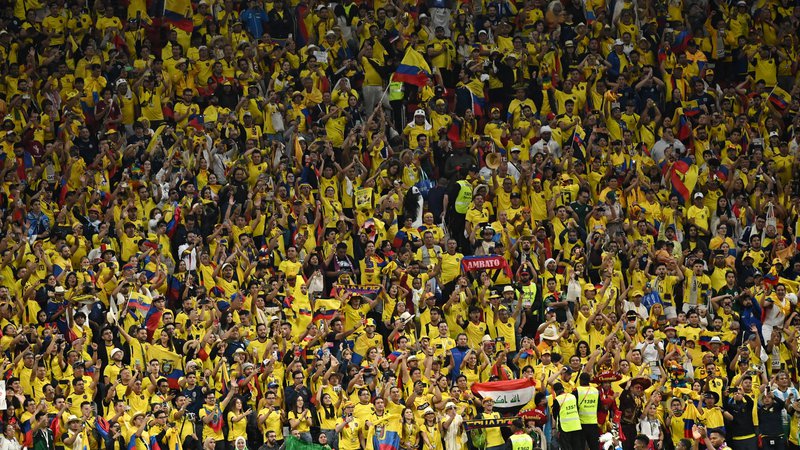 Fotografija: Ekvadorski navijači so si na štadionu Al Bayt v Al Khorju privoščili domačine in tudi južnoameriške »kolege«. FOTO: Dylan Martinez/Reuters
