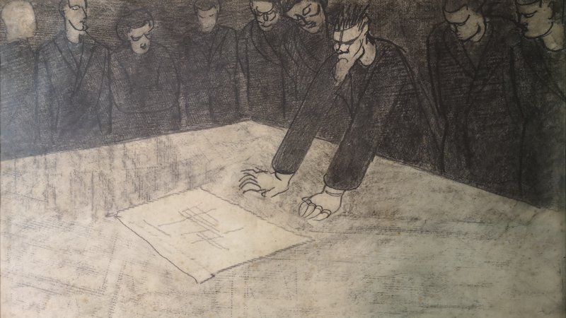 Fotografija: Risba, na kateri je profesor Plečnik s »kremplji«, je delo neznanega Plečnikovega učenca, letnica nastanka prav tako ni znana, je pa nastala pred drugo svetovno vojno. Avtor se ni podpisal, ker se je (očitno) bal posledic … FOTO: arhiv Maksa Strenarja
