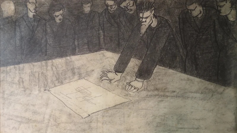 Fotografija: Risba, na kateri je profesor Plečnik s »kremplji«, je delo neznanega Plečnikovega učenca, letnica nastanka prav tako ni znana, je pa nastala pred drugo svetovno vojno. Avtor se ni podpisal, ker se je (očitno) bal posledic … FOTO: arhiv Maksa Strenarja