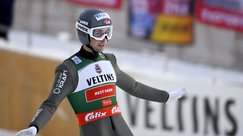 Fotografija: Jarl Magnus Riiber je slavil jubilejno zmago v svetovnem pokalu. FOTO: Markku Ulander/AFP