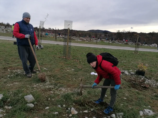 Sedemletni Diego in njegov oče sta rada pomagala. FOTO: Nataša Čepar/Delo
