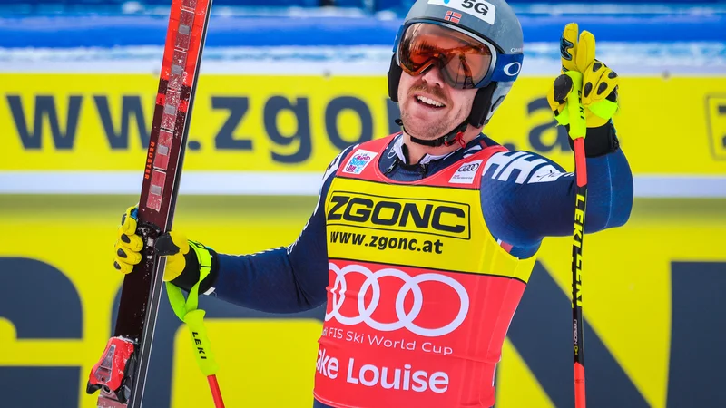 Fotografija: Aleksander Aamodt Kilde proslavlja v cilju smuka. FOTO: Sergei Belski/USA Today Sports
