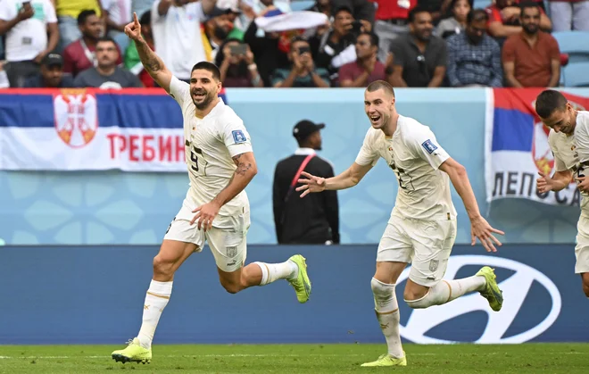 Aleksandar Mitrović in Strahinja Pavlović po tretjem doseženem golu Srbov. FOTO: Andrej Isaković/AFP
