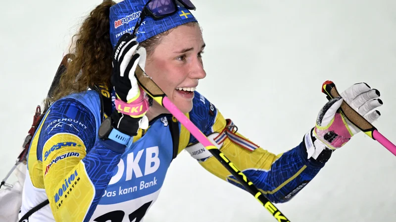 Fotografija: Hanna Öberg se je takole veselila uspešnega nastopa. FOTO: Vesa Moilanen/AFP