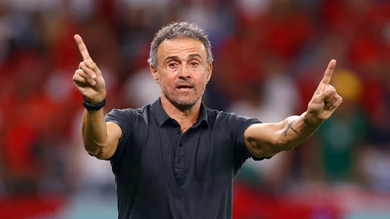 Fotografija: Luis Enrique med tekmo z Marokom v osmini finala. FOTO: Matthew Childs/Reuters