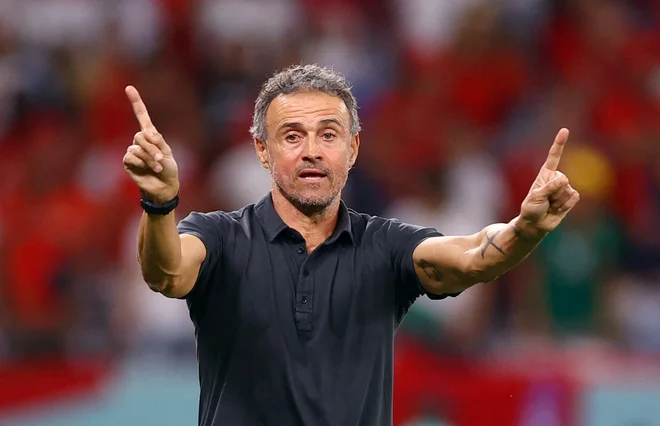 Luis Enrique med tekmo z Marokom v osmini finala. FOTO: Matthew Childs/Reuters
