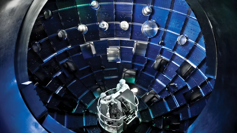 Fotografija: 192 laserskih žarkov so v National Ignition Facility kalifornijske ustanove Lawrence Livermore National Laboratory usmerili na vodikove atome. FOTO: Damien Jemison Via Reuters