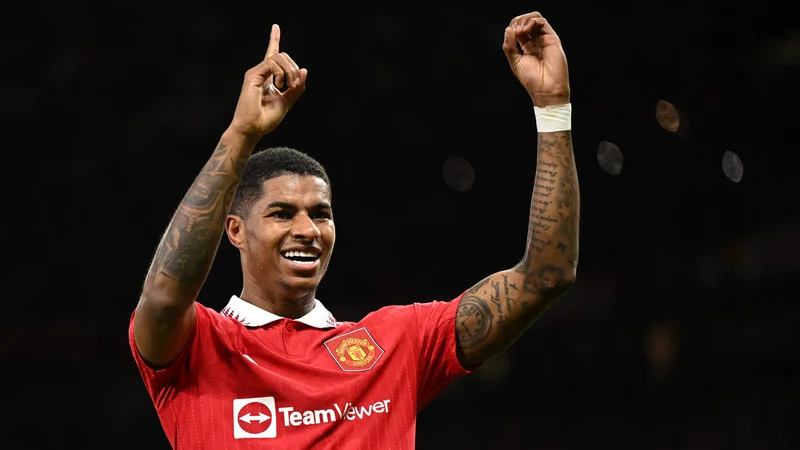 Fotografija: Marcus Rashford proslavlja po jubilejnem 100. golu za Manchester United na oktobrski tekmi z West Hamom. FOTO: Oli Scarff/AFP