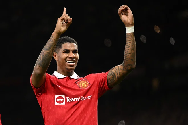 Marcus Rashford proslavlja po jubilejnem 100. golu za Manchester United na oktobrski tekmi z West Hamom. FOTO: Oli Scarff/AFP
