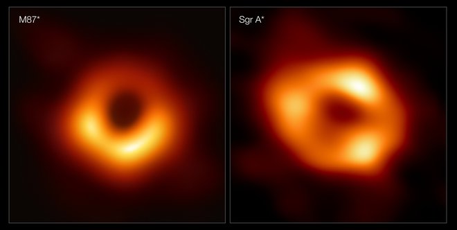 Skupini EHT je uspelo posneti še našo črno luknjo Strelec A* (na desni), na levi je črna luknja M87*. FOTO: EHT
