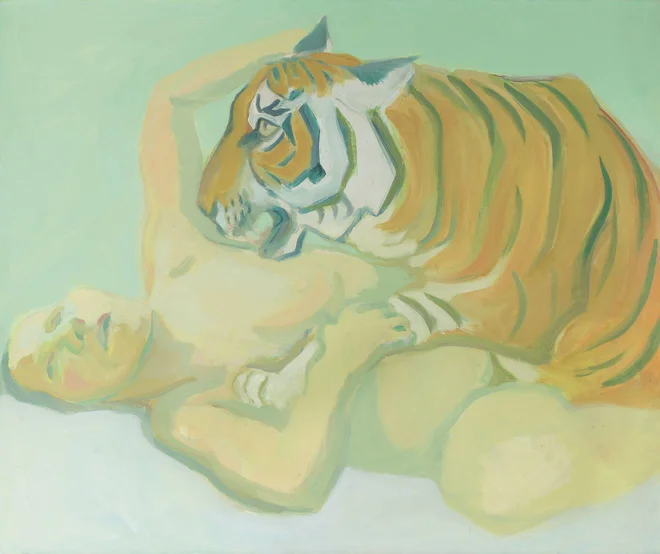 Maria Lassnig: Spati s tigrom, 1975 FOTO: sklad Marie Lassnig Stiftung/Bildrecht, Dunaj 2022
