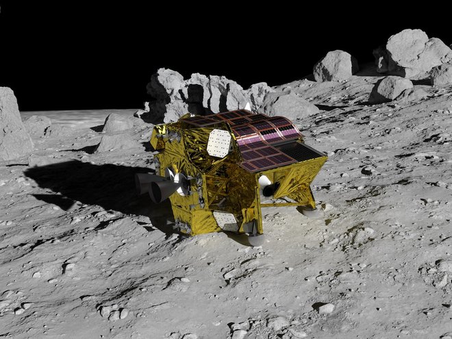 Japonski pristajalnik SLIM se ponaša s tehnologijo za zelo natančno pristajanje na Luni. Foto Jaxa
