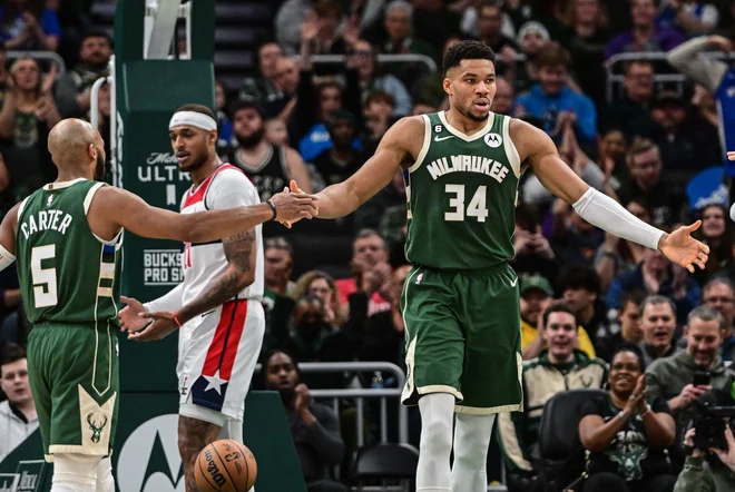 Giannis Antetokounmpo med dvobojem z Washingtonom&nbsp;v domači dvorani Fiserv Forum. FOTO: Benny Sieu/USA&nbsp;Today Sports
