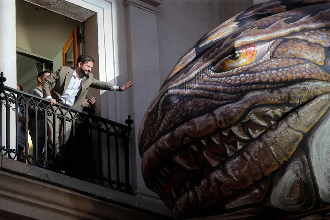 Čilski predsednik Gabriel Boric se je želel dotaknti napihljivega dinozavra Sauriana, ki je del »Saurian in priče iz vesolja« - nočne parade na otvoritveni dan mednarodnega festivala »Teatro a Mil« pred predsedniško palačo La Moneda v Santiagu. Foto: Javier Torres/Afp