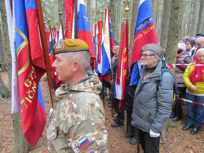 Praporščaki na spominski slovesnosti. FOTO: Bojan Rajšek/Delo
