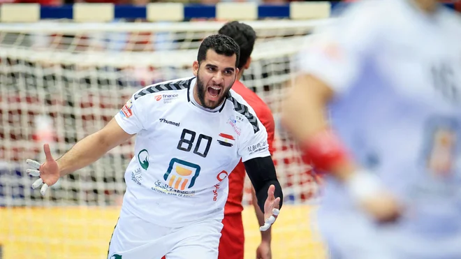 Ahmed Mesilhi in njegovi egiptovski soigralci se veselijo uvrstitve med najboljših osem na svetu. FOTO: Andreas Hillergren/AFP
