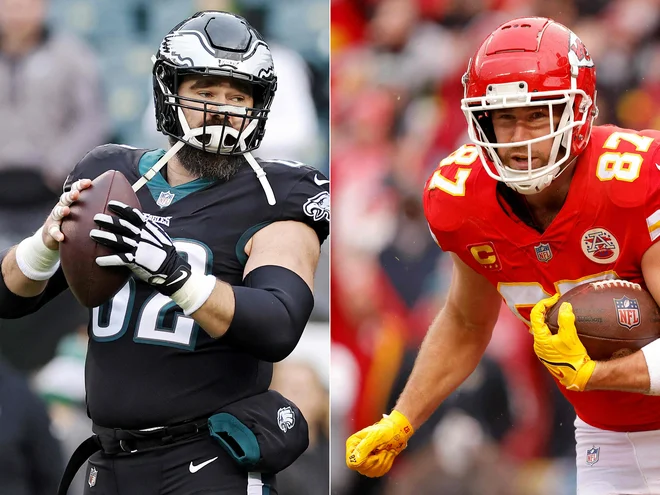 Jason Kelce (levo) in Travis Kelce bosta prva brata, ki se bosta pomerila v finalu lige NFL. FOTO:&nbsp;Tim Nwachukwu/AFP
