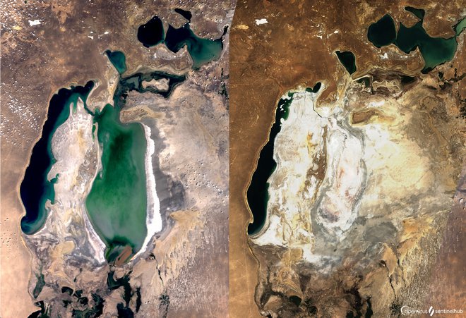 Tako je v slabih 15 letih upadel nivo vode v Aralskem jezeru (slika levo je iz julija 2005, slika desno iz julija 2019).

Foto Copernicus/Sentinel Hub/Monja Šebela

