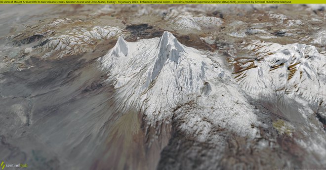 Tridimenzionalna slika gore Ararat v Turčiji (januar 2023) Foto Copernicus/Sentinel Hub/Pierre Markuse
