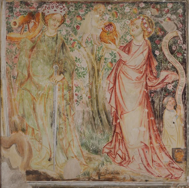Iz te freske s Ptujske gore (Erazem in Krištof iz Brunecka, delavnica, Sv. Katarina in sv. Doroteja, 1424–1426) lahko sklepamo, da so preprosti ljudje poznali vrtnice in da so v njihovem okolju rasle, cvetele in dehtele. Foto arhiv Narodne galerije
