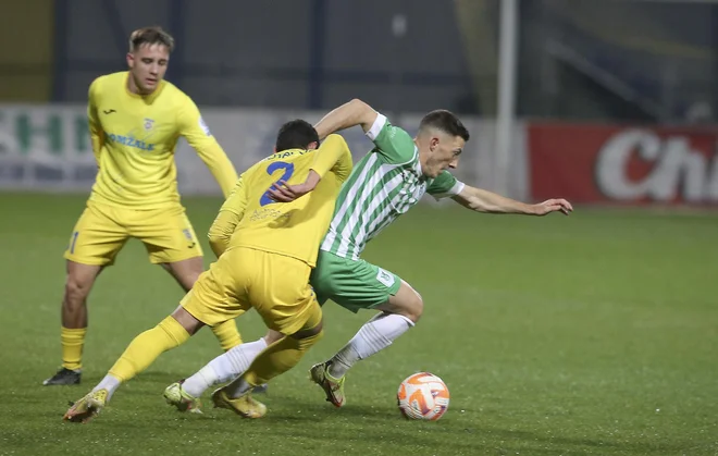 Olimpija je v tej sezoni že dvakrat premagala Domžalčane, tudi v tretjem derbiju Ljubljanske kotline&nbsp;so prvi strelec Mario Kvesić (desno) in drugi zeleno-beli favoriti. FOTO: Jože Suhadolnik/Delo
